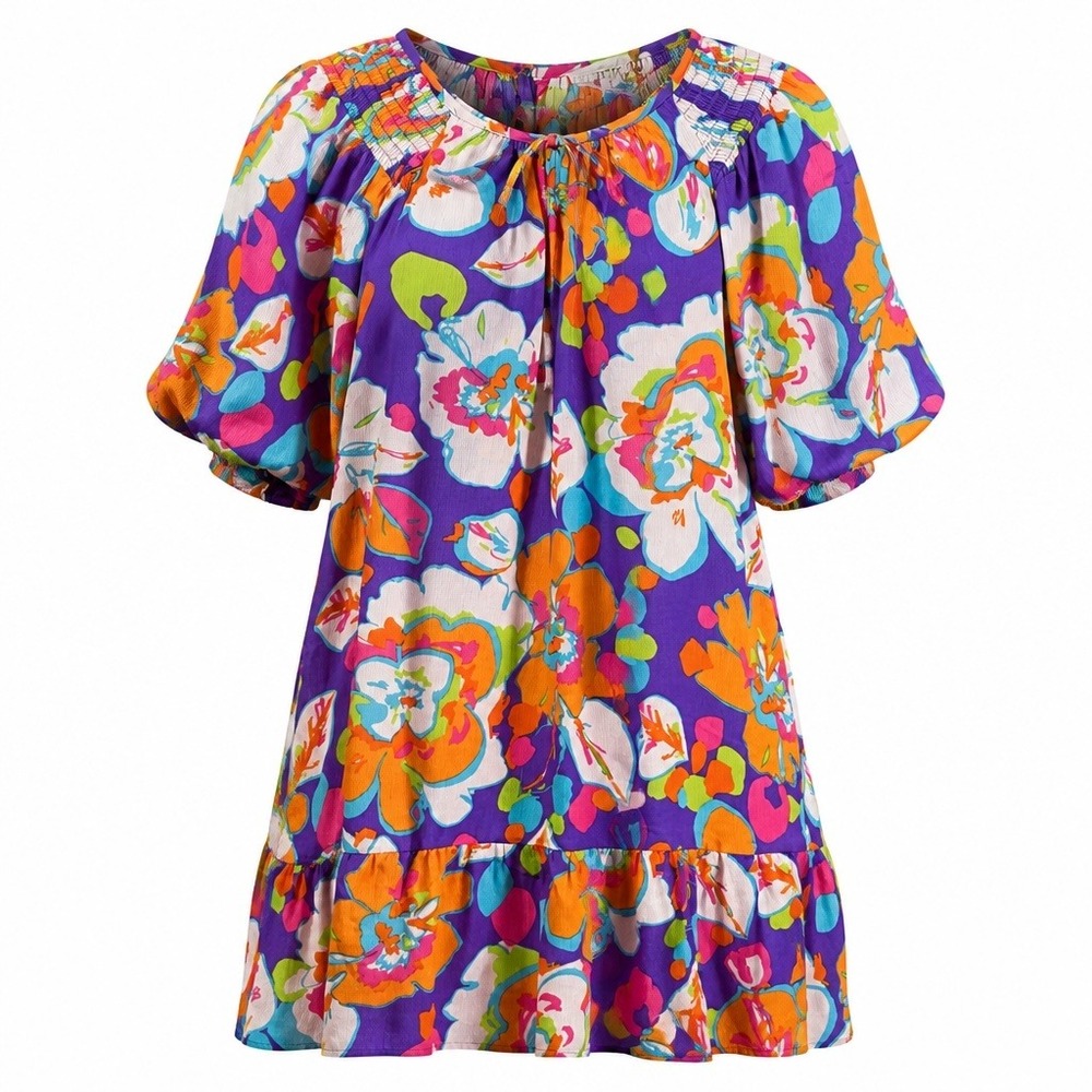 New‎ Easel Floral Babydoll Dress L Purple Multi Smocked Puff Sleeve Boho Retro